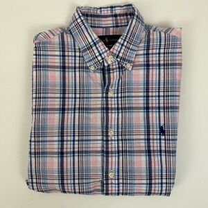 Ralph Lauren Plaid Crinkled Cotton Short Sleeve Slim Fit Button Down Shirt Large